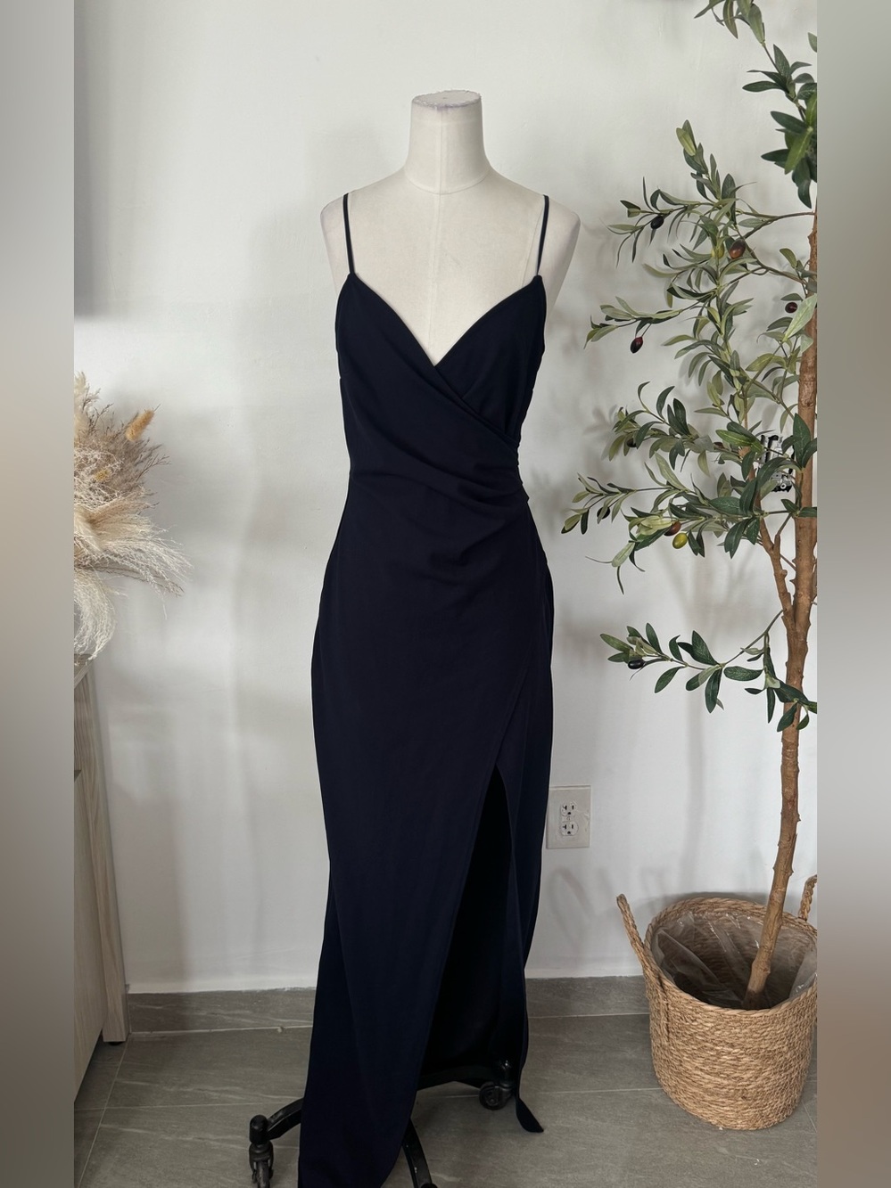 Windsor Navy Blue Wrap Front Maxi Dress Size M Ruched Slit Formal Evening Gown